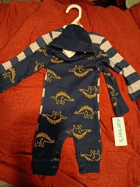 Carter's Navy Hooded Dino One-Piece with Yellow Dino Print